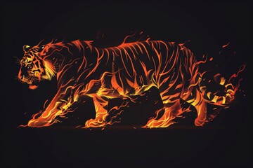 A tiger that is walking in the dark. A magical creature made of fire.