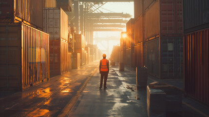 A solitary dock worker walks in the golden hour light among towering stacks of shipping containers, creating a cinematic scene