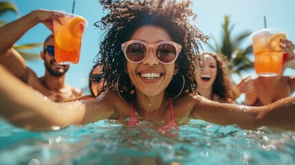 A vibrant image of friends partying in the pool with refreshing drinks on a sunny day - Powered by Adobe