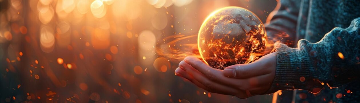 Conceptual stock photo of a person holding a globe with a visible magnetic field barrier against a backdrop of harsh solar light