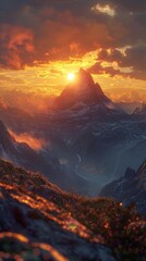 Fototapeta premium A beautiful sunset over a mountain range.