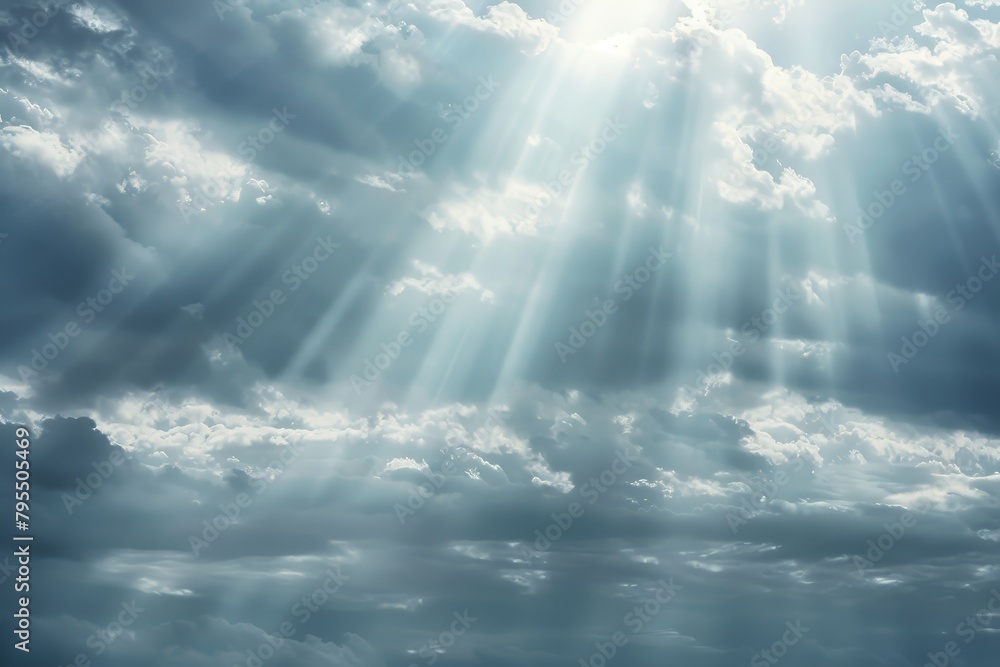 Poster The sky is cloudy and the sun is shining through the clouds. The sun is casting a warm glow on the clouds, creating a peaceful and serene atmosphere