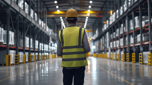 A warehouse worker in safety gear holds a tablet while overseeing the organized industrial storage area, highlighting logistics - Powered by Adobe