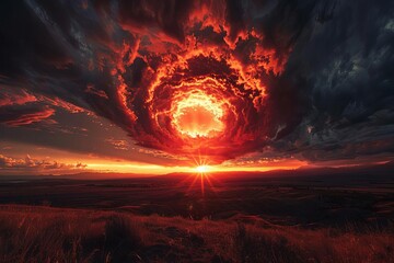 A large, fiery, swirling vortex cloud in the sky.