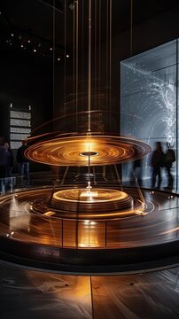 A large golden gyroscope spins in a dark room.