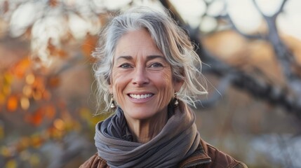 A woman with gray hair is smiling and wearing a scarf