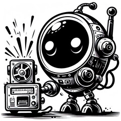 Ein schwarz wei&szlig; Vektor Bild eines kleinen s&uuml;&szlig;en Roboters