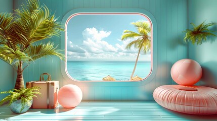 Airplane window and outside views are coconut trees and sea on red background for travel summer concept