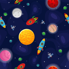 Space cartoon seamless pattern.  Cute design for