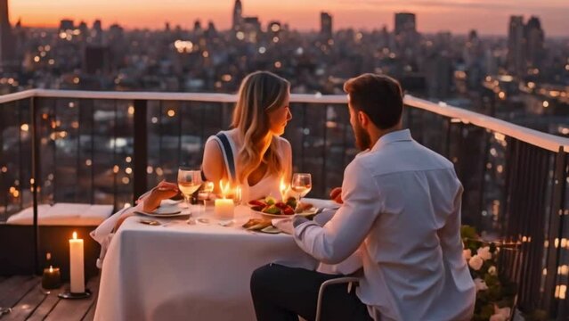 Enjoy a private dinner for two with candles on a rooftop terrace, boasting panoramic city views.