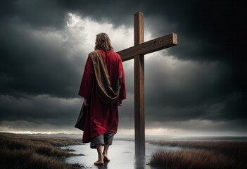 The Path of Compassion: Jesus in Elegant Robe walking beside the Cross