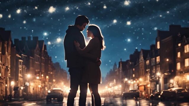 The couple's tender embrace took place under the starry night sky, with the twinkling city lights providing a magical backdrop