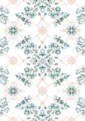 simple symmetrical pastel blue and green pattern with flowers