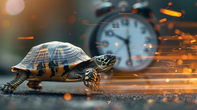 A turtle is running towards a clock that is on fire. The turtle is moving very fast and is about to outrun the clock.