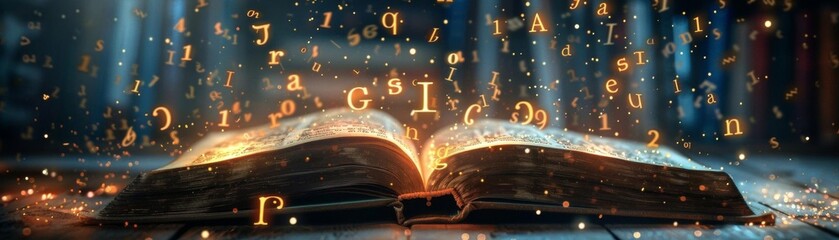 An open book with glowing letters floating around it