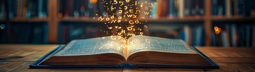 An open book with glowing letters floating out of it. - obrazy, fototapety, plakaty