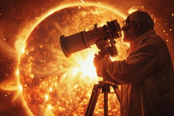 An old man looking through a telescope at the sun