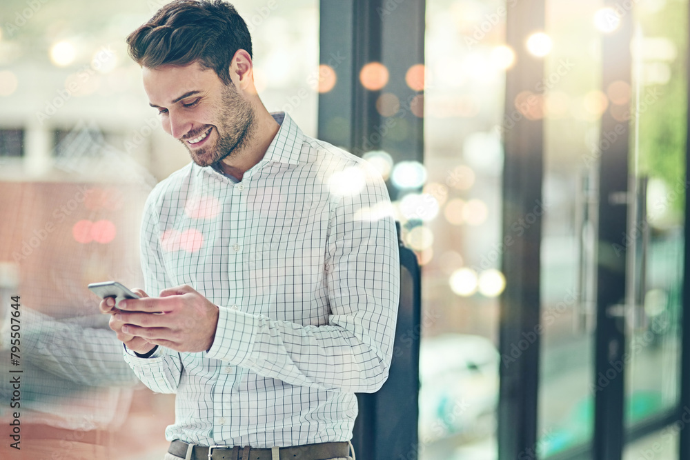Aufkleber Man, office and happy on smartphone for internet or check social media, post and messages. Business person, smile and window with communication or networking for news update, website and conversation