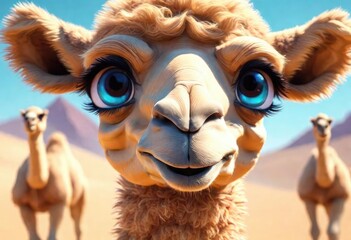 a cute adorable baby camel in desert beautiful view 3d cartoon animation