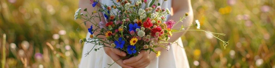 A young girl presents a bouquet of wildflowers