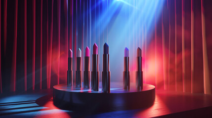 
Lipsticks on the stage, 3d rendering. Computer digital drawing.