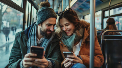 Casal rindo usando o celular no transporte publico