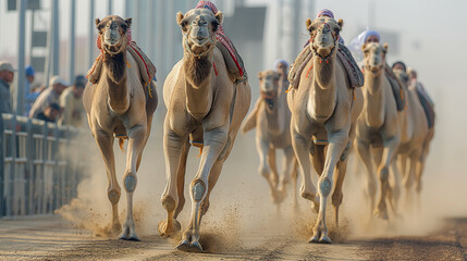 19. Eid Camel Race: Spectators cheer on as camels thunder down the racetrack, their hooves kicking up clouds of dust as they vie for victory in a thrilling display of speed and agi