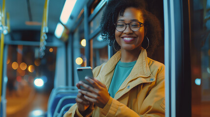 Mulher sorrindo usando o smartphone no transporte publico 