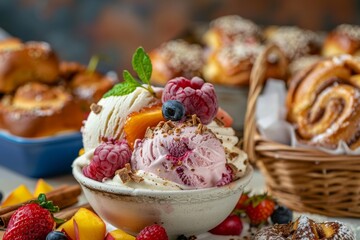 Vanilla bean refreshing snacks with almond, strawberry, and chocolate varieties—stone milk ice and dark creamy fruit sorbets served up as cool snacks. - obrazy, fototapety, plakaty