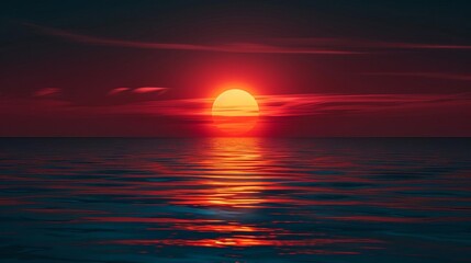 The setting sun casts a red glow on the ocean.