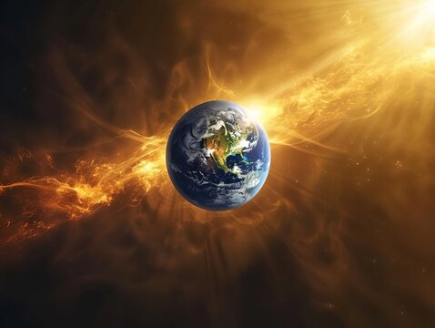 The earth surrounded by a solar storm