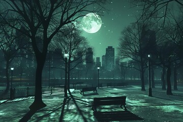 Artistic depiction of a moonlit city park with shadows from trees and benches moving slowly as the moon travels across the sky