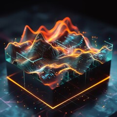 Overhead view of a neonlit 3D graph model, showcasing inverse functions with glowing orange and teal lines, black base