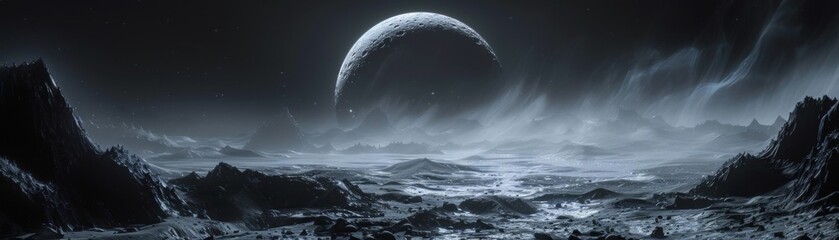 Ethereal sequence of the moon casting moving shadows over a rocky landscape, creating a dynamic play of light and darkness - obrazy, fototapety, plakaty