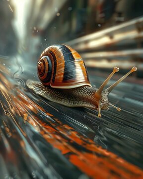 Conceptual art of a snail with racing stripes and miniature wheels on its shell, speeding down a miniature racetrack