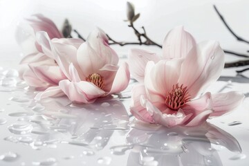 Two pink flowers are floating on a surface of water