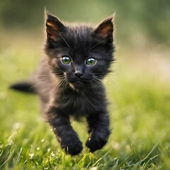  A black kitten is running on the green grass