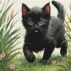  A black kitten is running on the green grass