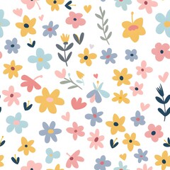 Small pastel colored flowers seamless pattern on a white background
