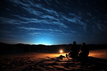 Desert star gazing, astronomers setting up telescopes, clear night sky above dunes, tranquil and aweinspiring, night photography, avoid light pollution sources