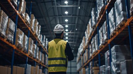 A warehouse worker in safety gear is inspecting rows of stocked shelves in a well-organized, large storage facility