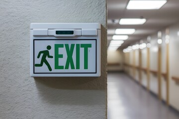 Green EXIT sign on light wall, blurred corridor in background, running figure symbol
