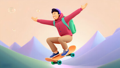 Young Boy with Skateboard: Cute, Excited, Smiling, Casual Asian Active Guy in Fashion Clothes (Red Hoodie) - 3D Render