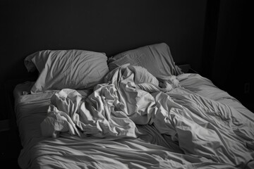 Empty bed with tousled sheets, showing the restless movements of insomnia