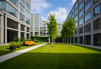 modern office building with green lawn and bench
