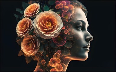 Woman's head and flowers, double exposure generative Ai., stock photos, stock images, life stock, women photography, best selling