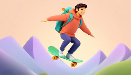 Young Boy with Skateboard: Cute, Excited, Smiling, Casual Asian Active Guy in Fashion Clothes (Red Hoodie) - 3D Render