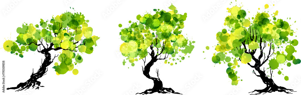 Canvas Prints artistic trees with green paint splashes leaves. hand drawn isolated design elements with ink textur