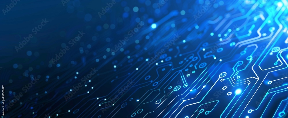 Wall mural blue digital technology background with a circuit board pattern and glowing dots on a dark blue back