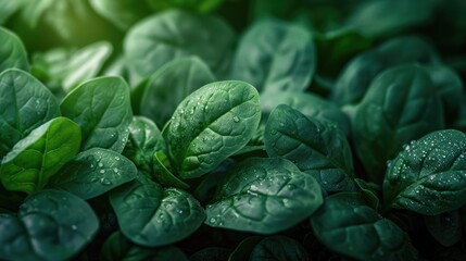Obraz premium Close up of green spinach leaves with water drops.